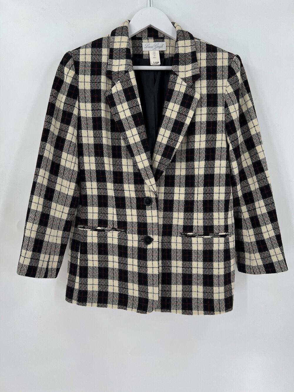 Laura Gayle Vintage Blazer Womens 10P Suit Jacket Black Ivory Knit Plaid